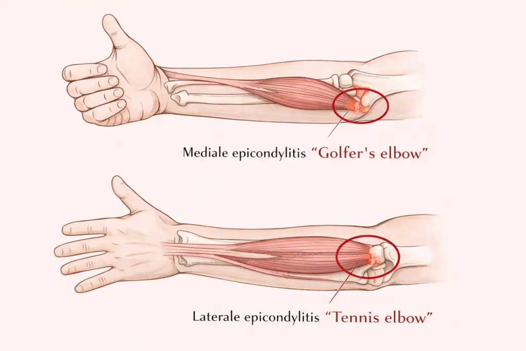 Anatomische schets van tenniselleboog en golferselleboog met pijnlocatie aan de buiten- en binnenzijde van de elleboog oftewel epicondylitis medialis en lateralis.