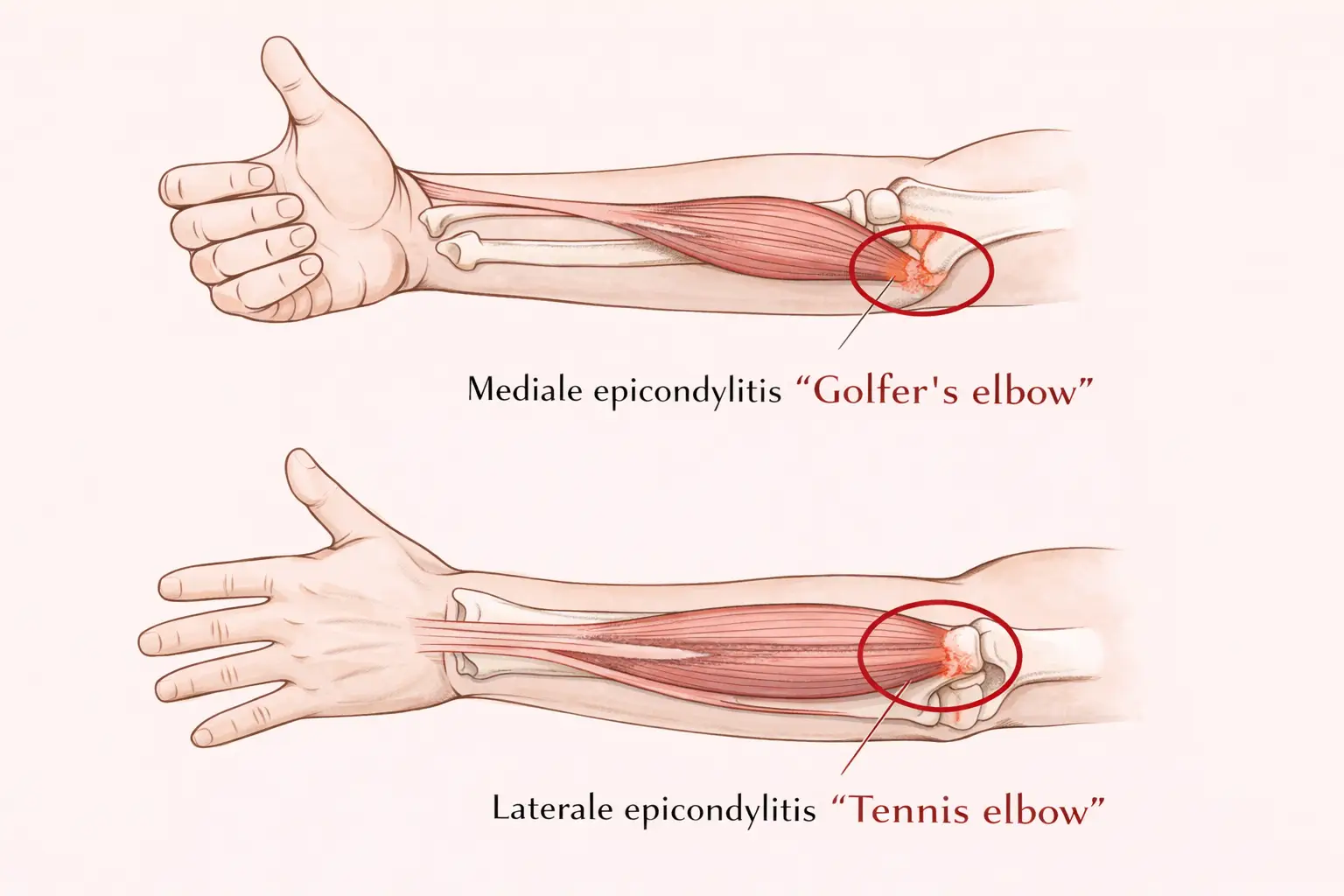 Anatomische schets van tenniselleboog en golferselleboog met pijnlocatie aan de buiten- en binnenzijde van de elleboog oftewel epicondylitis medialis en lateralis.