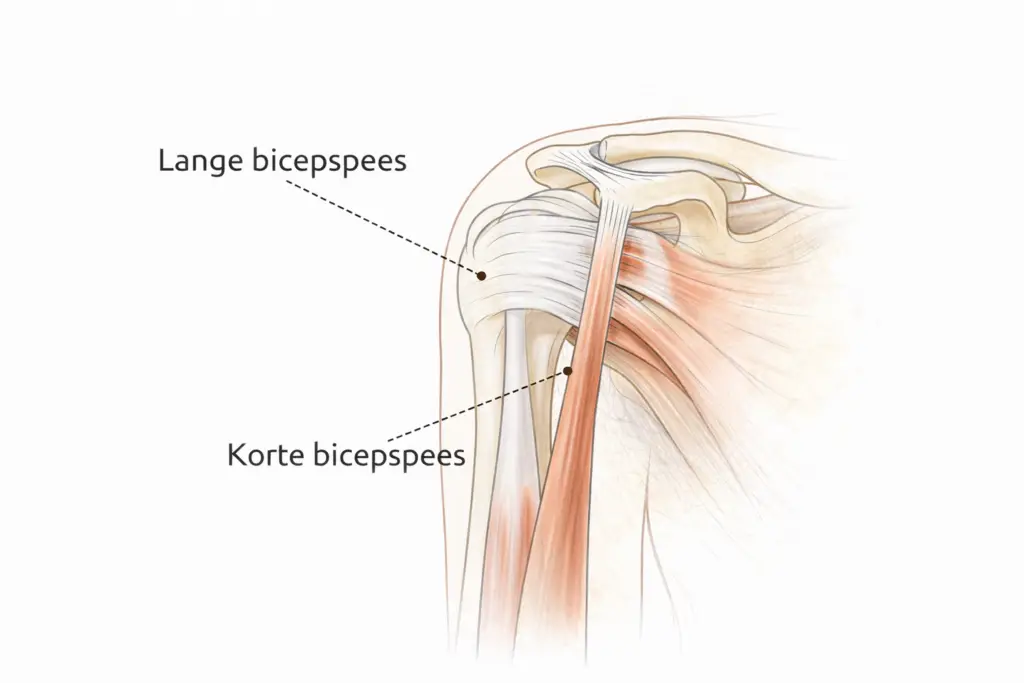 Anatomische illustratie van de schouder met de lange en korte bicepspees en hun verloop.