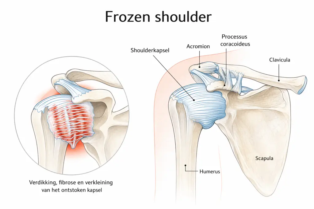 Anatomische illustratie van een frozen shoulder met verdikking en verstijving van het schouderkapsel.