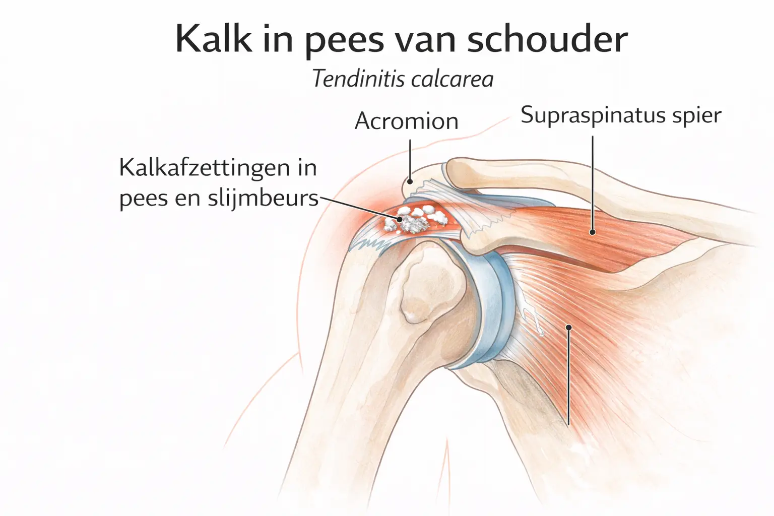 Illustratie van kalk in de schouder (tendinitis calcarea) met kalkafzettingen in de pees.