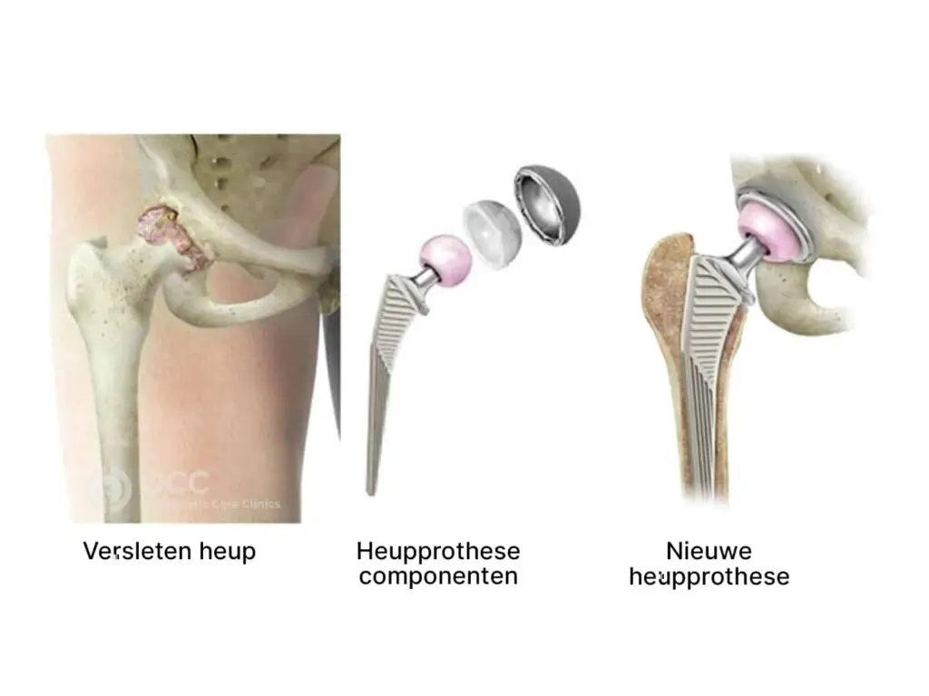 Anatomische weergave van versleten heup, een heupprothese en het resultaat van een nieuw geplaatste heupprothese.