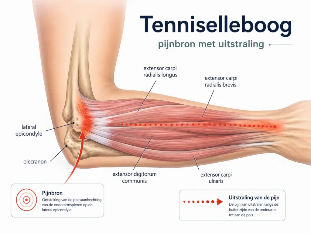 Afbeelding van tenniselleboog behandelen met pijn aan de buitenkant van de elleboog.