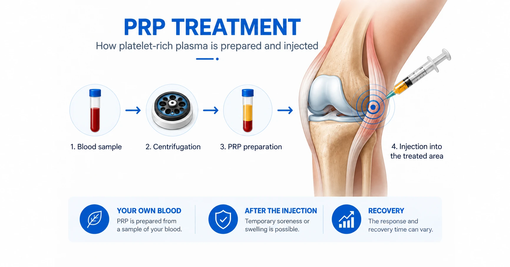 Illustration of a PRP treatment showing blood collection, centrifugation, PRP preparation and an injection into the knee.