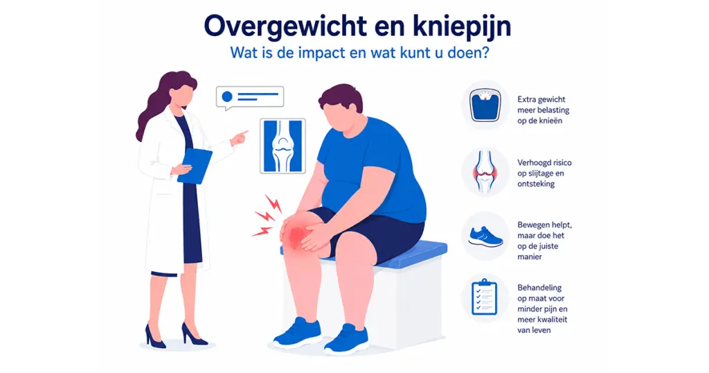 Illustratie van overgewicht en knie pijn waarbij een arts uitleg geeft over de gevolgen van extra lichaamsgewicht voor de knieën.