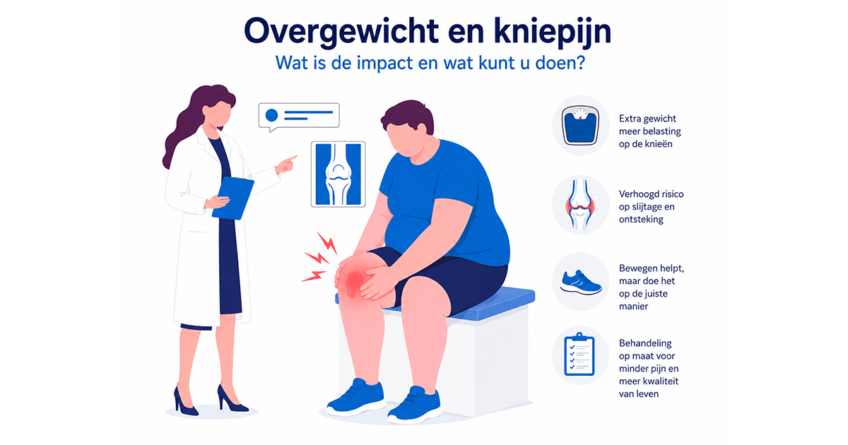 Illustratie van overgewicht en knie pijn waarbij een arts uitleg geeft over de gevolgen van extra lichaamsgewicht voor de knieën.
