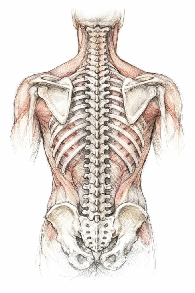 Anatomical sketch of the back showing the spine, shoulder blades and pelvis.