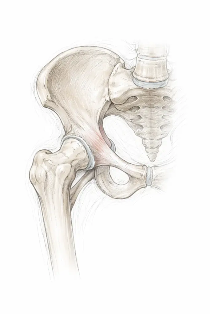 Anatomical sketch of the hip joint and pelvis.