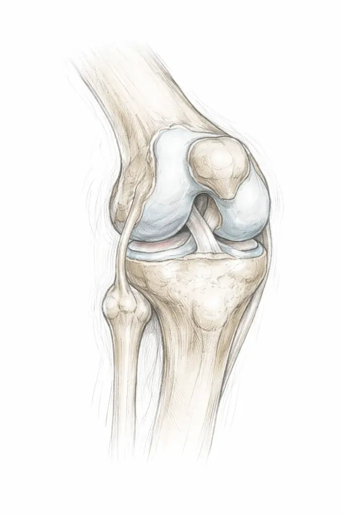 Anatomical sketch of the knee joint showing bones, cartilage and ligaments.