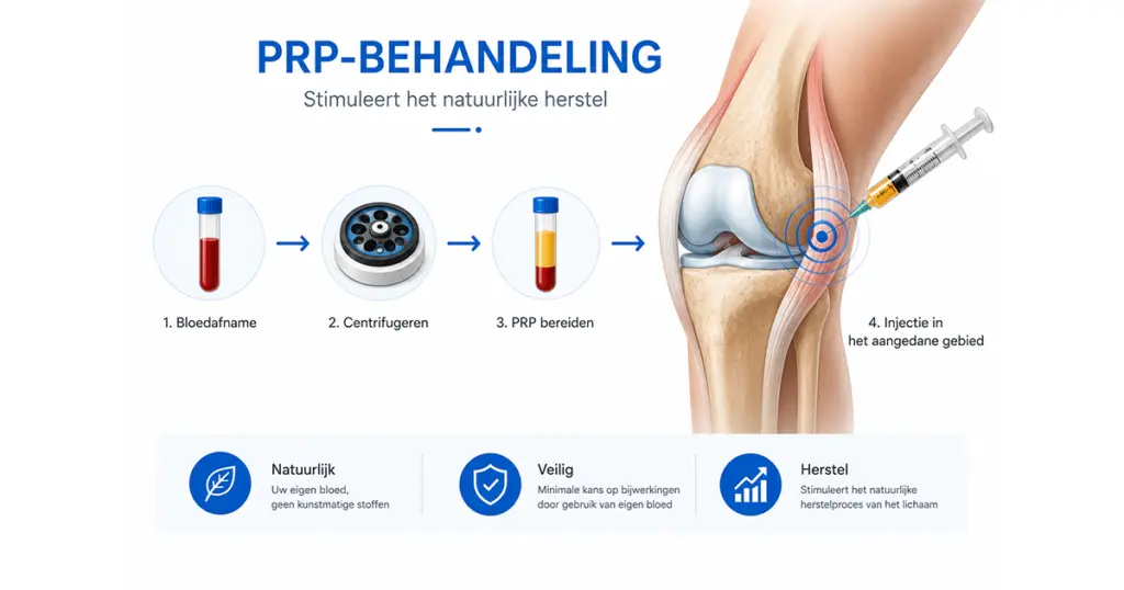 Medische illustratie van een PRP-behandeling van de knie met bloedafname, centrifugeren en een gerichte PRP-injectie.