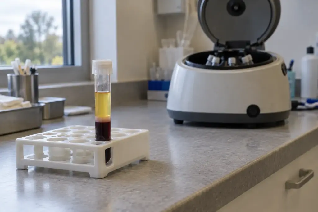 Blood sample with separated plasma beside a centrifuge for PRP treatment.