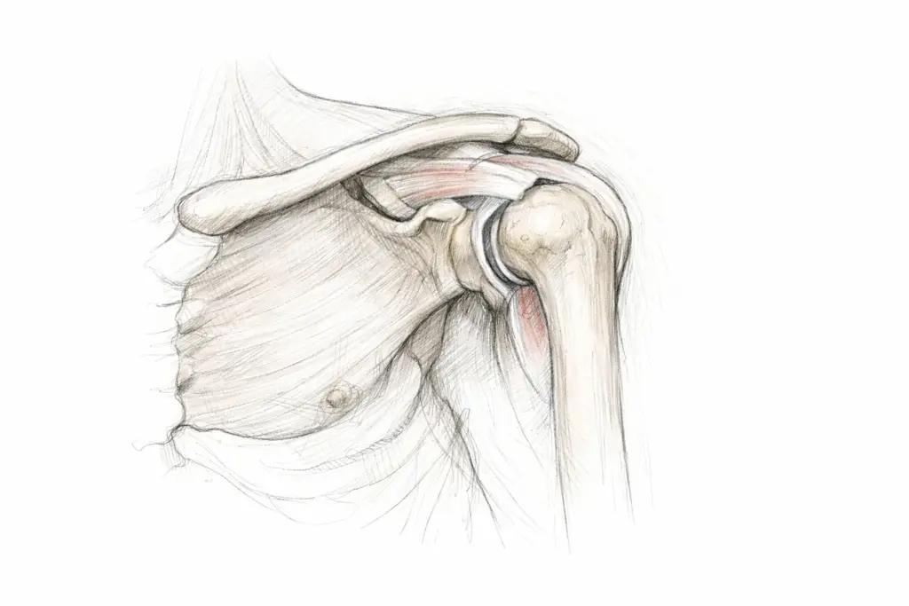Anatomical sketch of the shoulder joint, collarbone and upper arm bone.