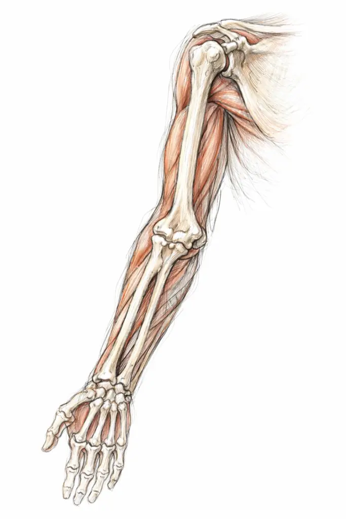 Anatomical sketch of the shoulder, arm, elbow, wrist and hand.